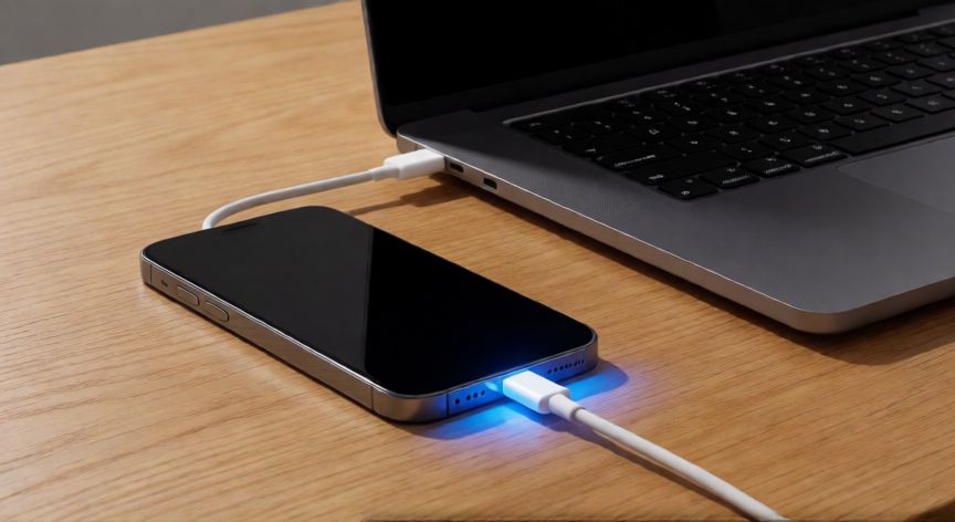 como iphone compartir internet, iPhone conectado a una laptop mediante cable USB para compartir internet