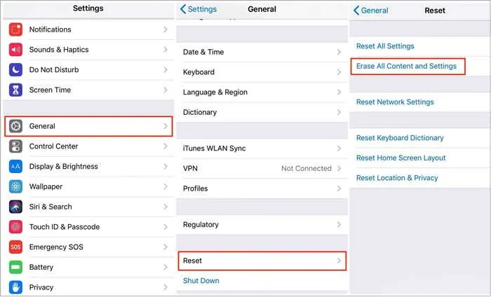 como  formatear iphone, Menú de ajustes del iPhone con la ruta General > Reset > Erase All Content and Settings