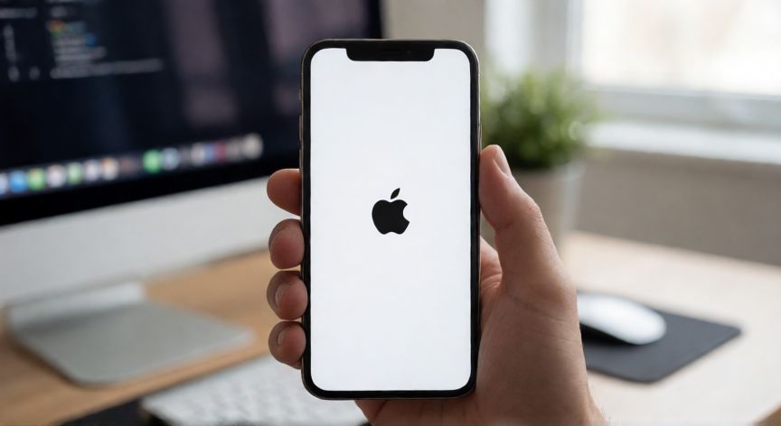 como iphone resetear, iPhone mostrando el logo de Apple durante un reinicio o restablecimiento