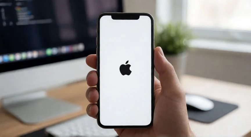 como iphone resetear, iPhone mostrando el logo de Apple durante un reinicio o restablecimiento