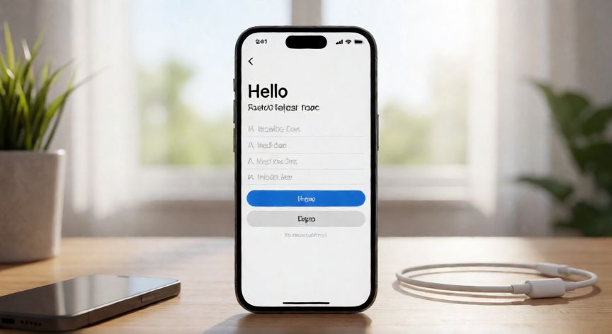 como iphone restaurar, iPhone en modo de configuración inicial sobre un escritorio de madera