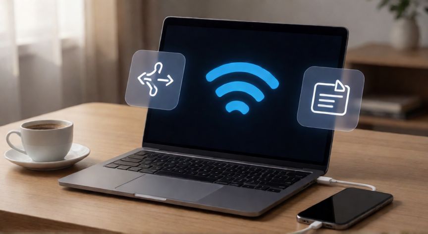 como iphone rotear internet, Laptop conectándose a un iPhone mediante señal Wi-Fi compartida en un escritorio de trabajo
