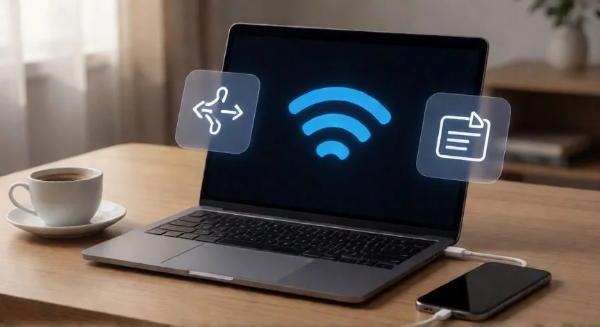 como iphone rotear internet, Laptop conectándose a un iPhone mediante señal Wi-Fi compartida en un escritorio de trabajo