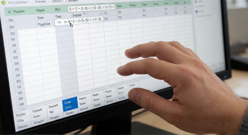 como jalar datos en excel de una hoja a otra, Persona escribiendo una fórmula de referencia entre hojas en Excel con múltiples pestañas visibles