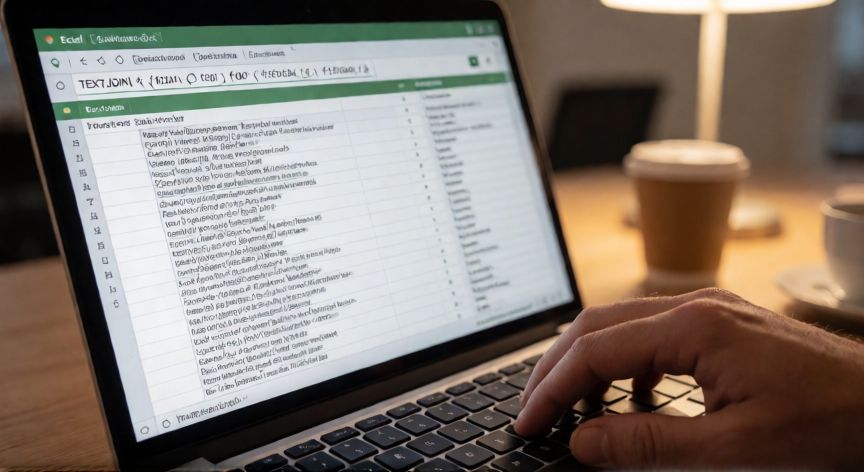 como juntar columnas en excel, Pantalla de Excel mostrando la función TEXTJOIN uniendo columnas de texto