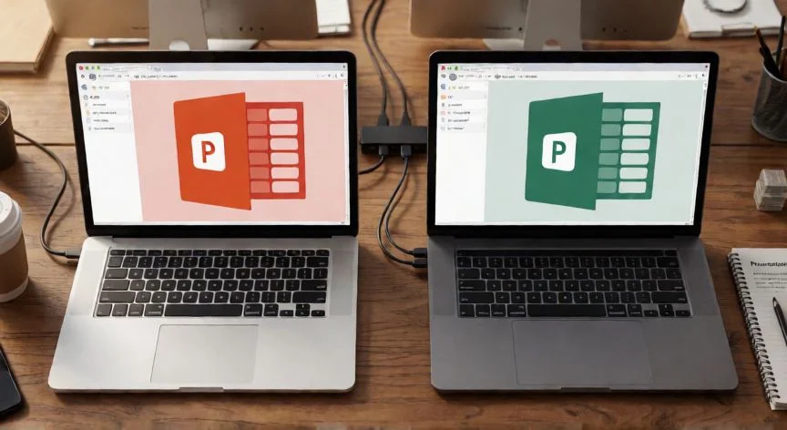 cómo juntar diapositivas en powerpoint, Dos portátiles lado a lado mostrando presentaciones de PowerPoint distintas listas para ser combinadas