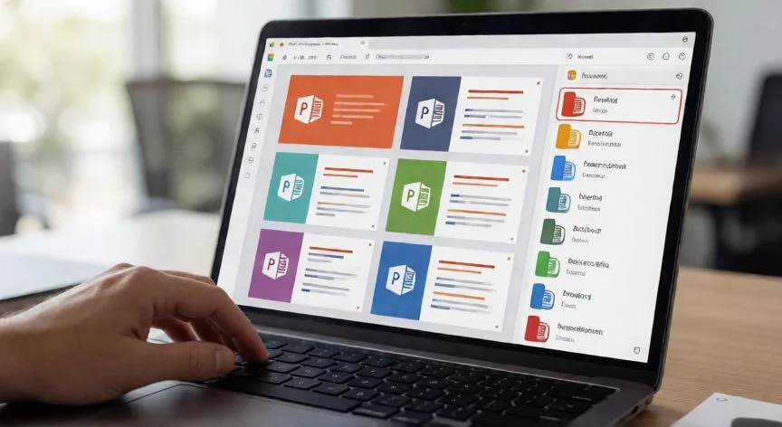 como juntar powerpoint, Pantalla de PowerPoint mostrando el panel Reutilizar diapositivas con archivos para combinar