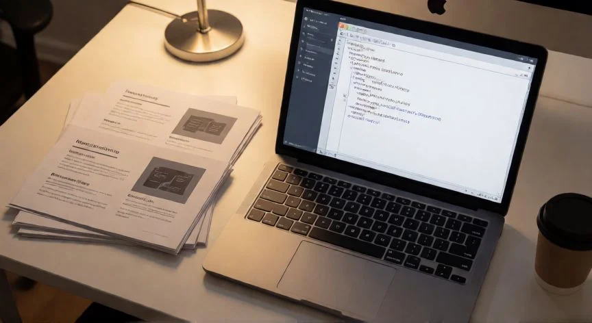 como juntar powerpoint, Ventana de macro VBA en PowerPoint junto a diapositivas impresas sobre un escritorio de oficina