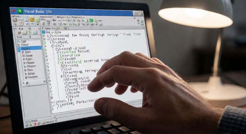 como juntar varios excel en uno solo, Editor VBA de Excel con una macro para recorrer y combinar archivos automáticamente