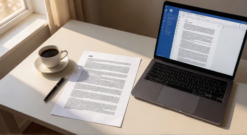como justificar en word, Vista cenital de un escritorio con documento impreso y pantalla de Word mostrando texto justificado