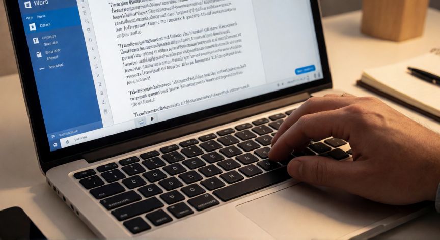 como justificar en word un texto, Mano pulsando Ctrl + J en el teclado para justificar texto en Word