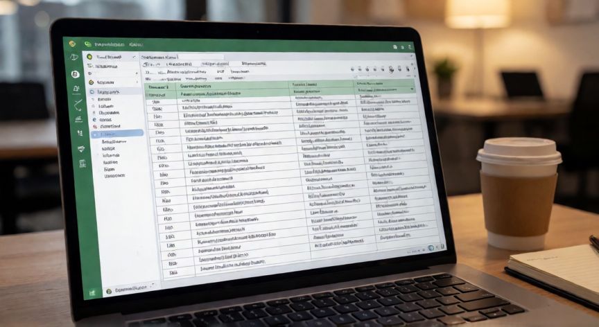 como justificar excel, Vista cenital de un portátil con una hoja de Excel que muestra una tabla con texto justificado en varias columnas