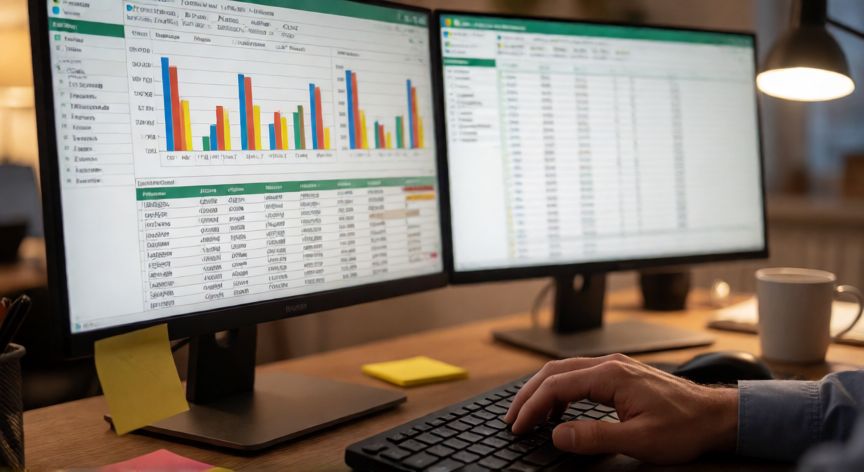 como manejar excel, Persona trabajando con Excel en un escritorio con dos monitores mostrando hojas de cálculo y gráficos