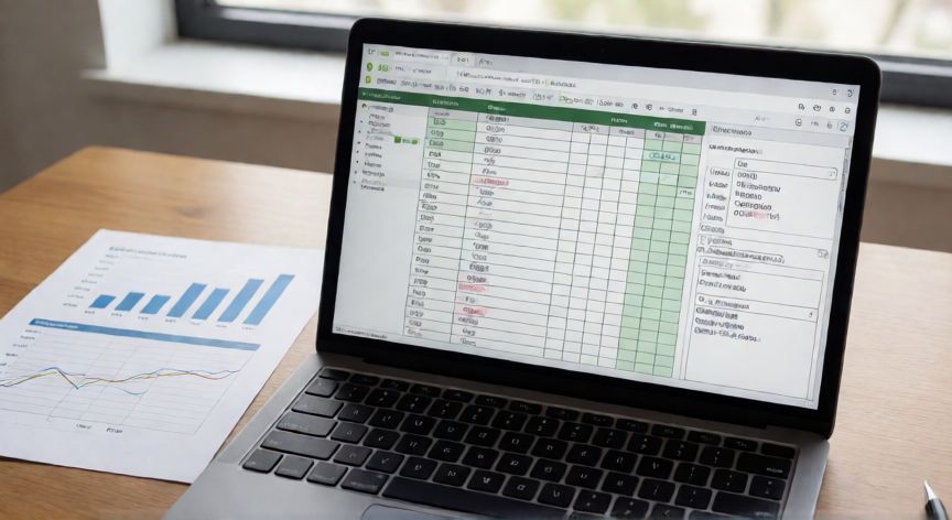 como manejar excel, Vista cenital de un portátil con tabla dinámica de Excel y un informe impreso con gráficos sobre escritorio de madera