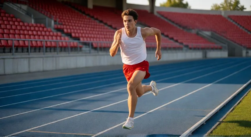 como mejorar 2000 metros, Corredor de atletismo en pista azul durante un entrenamiento de intervalos en 2000 metros