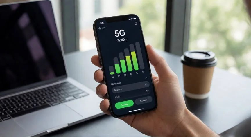 como mejorar 5g, Smartphone mostrando app de medición de señal 5G con buena cobertura