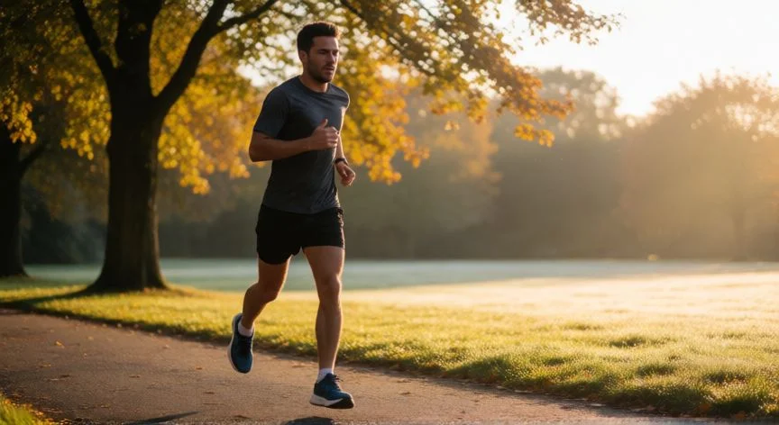 como mejorar 5k, Corredor entrenando a ritmo constante por un parque al amanecer
