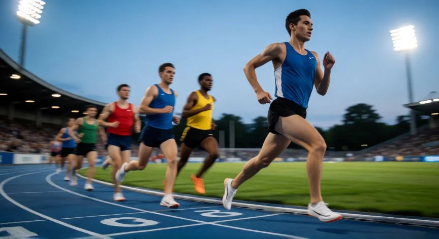 como mejorar 800 metros, Corredor de 800 metros en pista sintética durante una carrera al atardecer