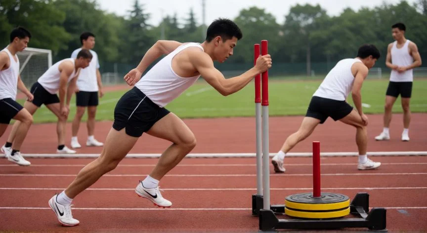 como mejorar 800 metros, Atleta haciendo trabajo de fuerza con trineo en pista de atletismo