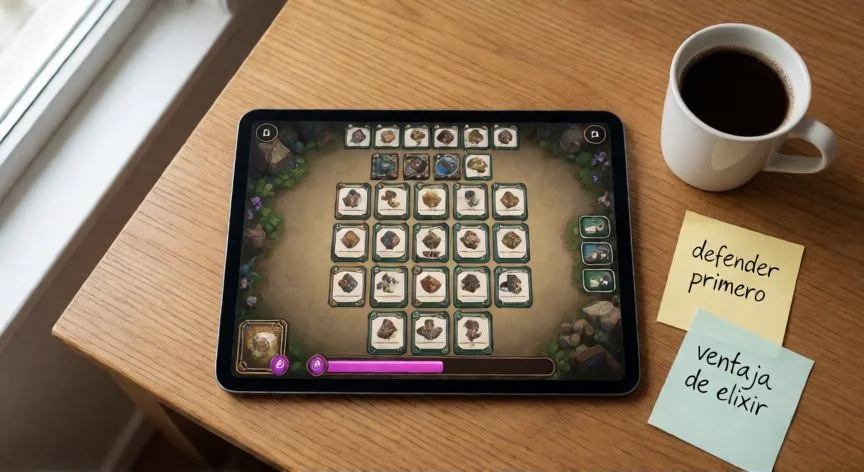 como mejorar a 3 estrellas en clash royale, Vista cenital de tablet con notas de estrategia para Clash Royale sobre escritorio de madera
