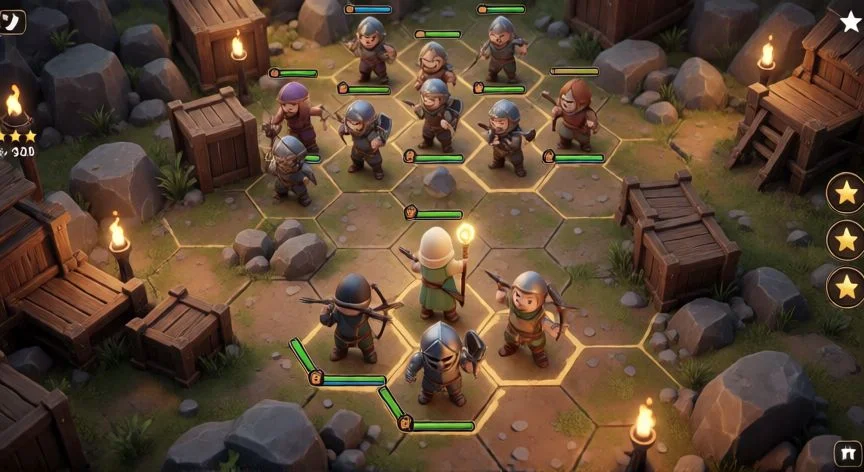 como mejorar a 3 estrellas en tactica royale, Vista táctica isométrica de una partida de estrategia con unidades posicionadas en terreno hexagonal