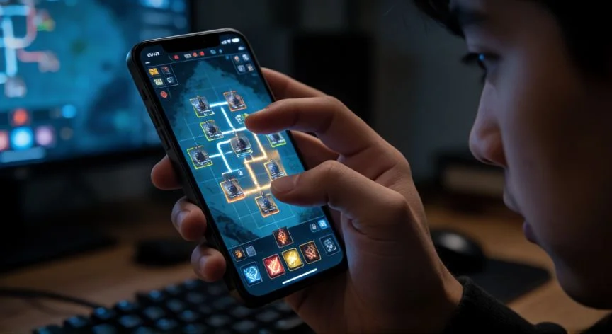como mejorar a 3 estrellas en tactica royale, Jugador concentrado usando tácticas en un juego de estrategia táctica en su teléfono
