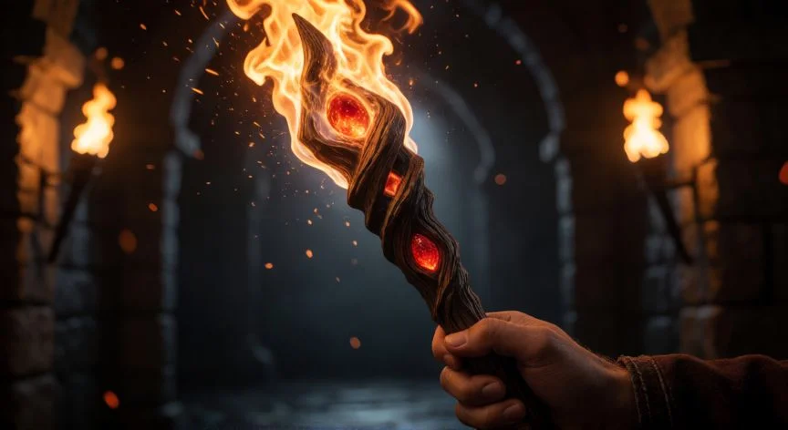 como mejorar baston de fuego, Mago empuñando un bastón de fuego mejorado con gemas brillantes en una mazmorra
