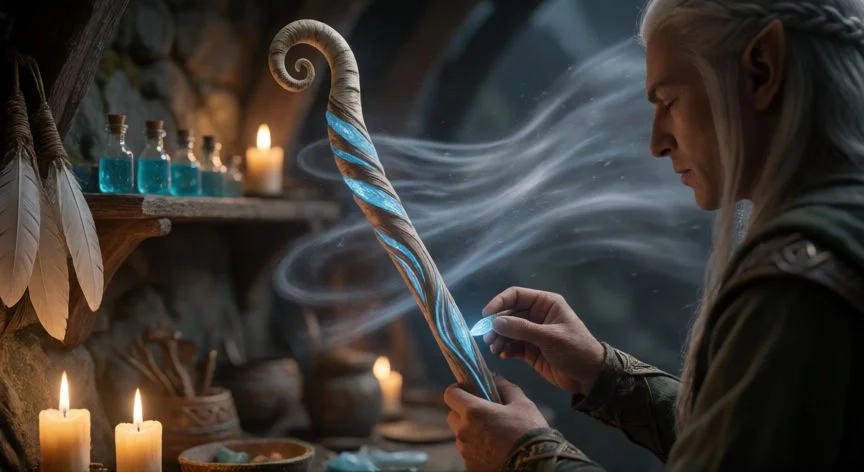 como mejorar baston de viento, Artesano encajando cuarzo celeste en el fuste de un bastón de viento con punta en espiral