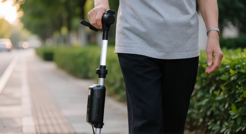 como mejorar baston electrico, Persona mayor caminando con un bastón eléctrico de movilidad en una acera urbana