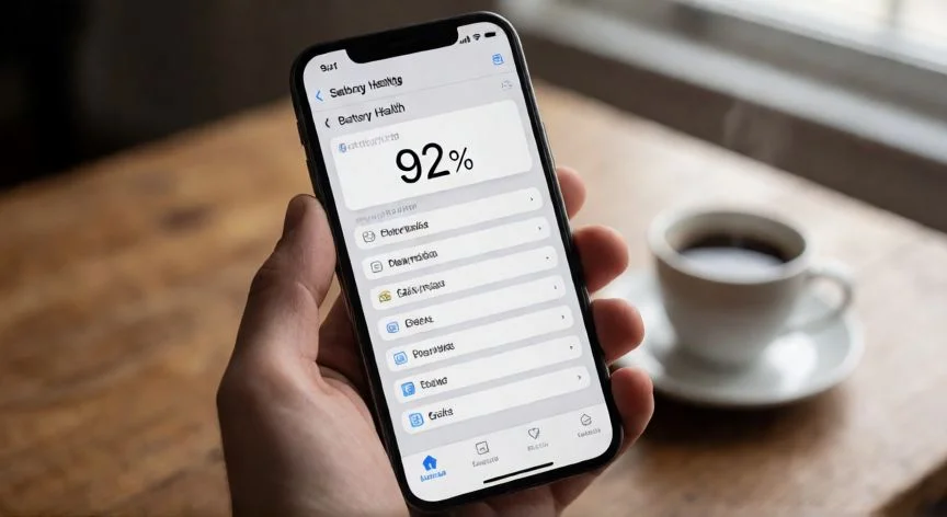 Pantalla de Estado de salud de batería en un iPhone con el 92 % de capacidad restante.