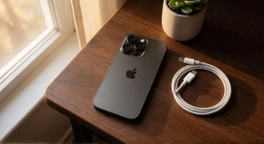 como mejorar bateria iphone, iPhone sobre una mesa de madera junto a un cable de carga, iluminación cálida de tarde.