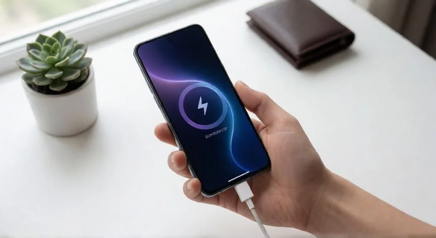 como mejorar bateria xiaomi, Cargando un Xiaomi con cable original sobre escritorio blanco con luz natural