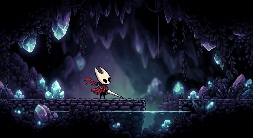 como mejorar blasones silksong, Personaje de Hornet en cueva bioluminiscente estilo Hollow Knight Silksong