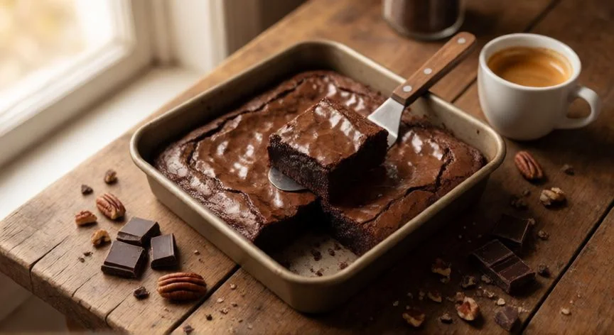Brownies de caja mejorados con chocolate picado y nueces sobre mesa de madera