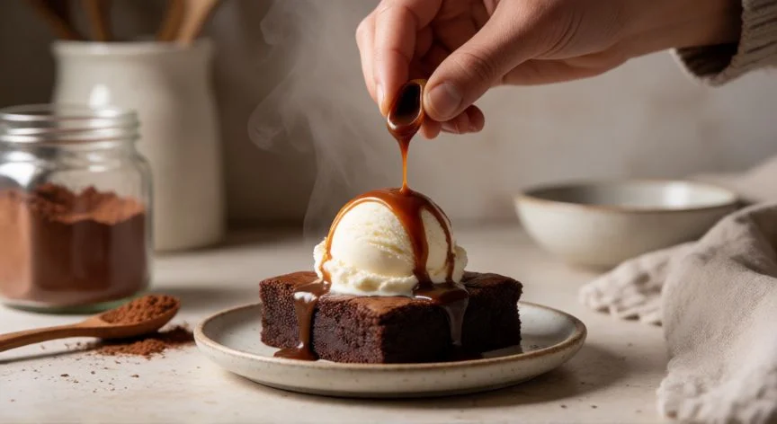 como mejorar brownies de caja, Brownie templado con helado de vainilla y salsa de caramelo salado