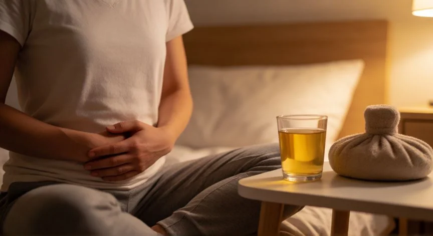 como mejorar bruxismo, Persona practicando respiración diafragmática en su habitación por la noche con una compresa tibia