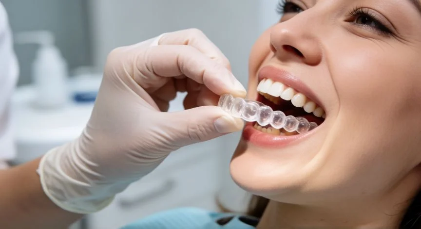 como mejorar bruxismo, Odontólogo colocando una férula oclusal personalizada para tratar el bruxismo nocturno