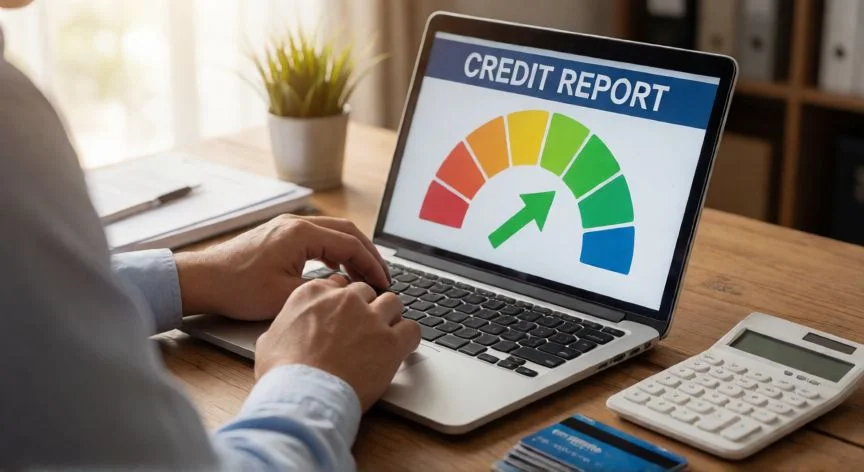 como mejorar buro de credito, Persona revisando su informe de crédito en una laptop en un escritorio