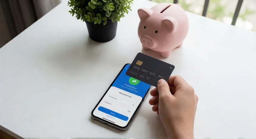 como mejorar buro de credito, Mano pagando una tarjeta de crédito desde una aplicación móvil en un teléfono