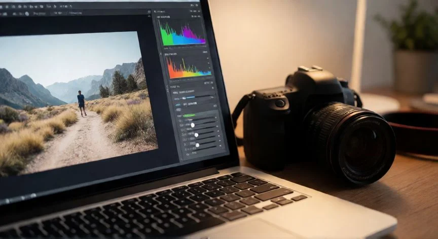 como mejorar calidad de imagen, Mesa de trabajo con laptop mostrando software de edición de imagen y cámara DSLR