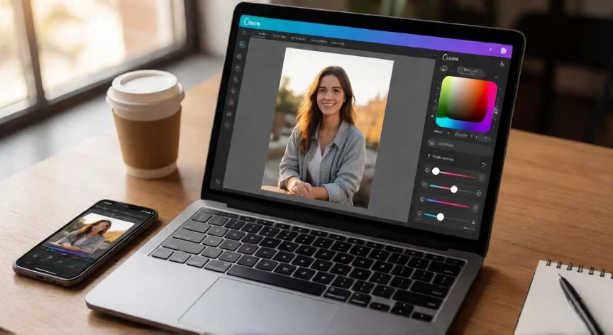 como mejorar calidad de imagen en canva, Vista superior de un escritorio con laptop mostrando edición de imagen en Canva