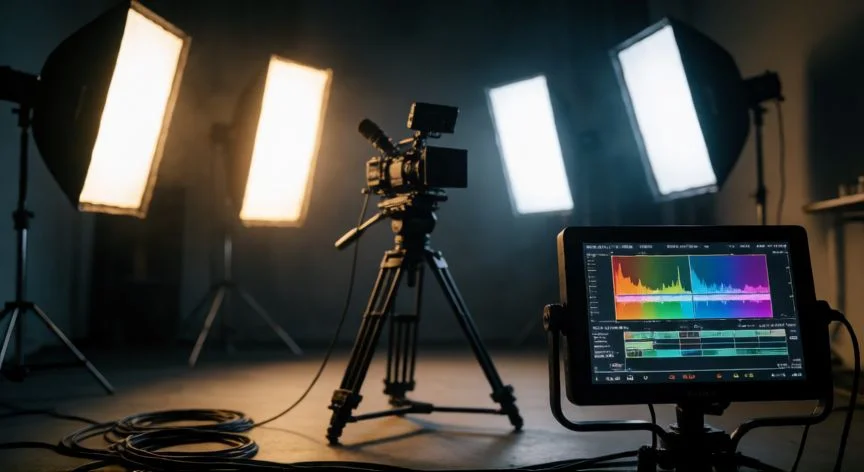 Estudio de grabación con iluminación profesional de tres puntos y monitor de color grading