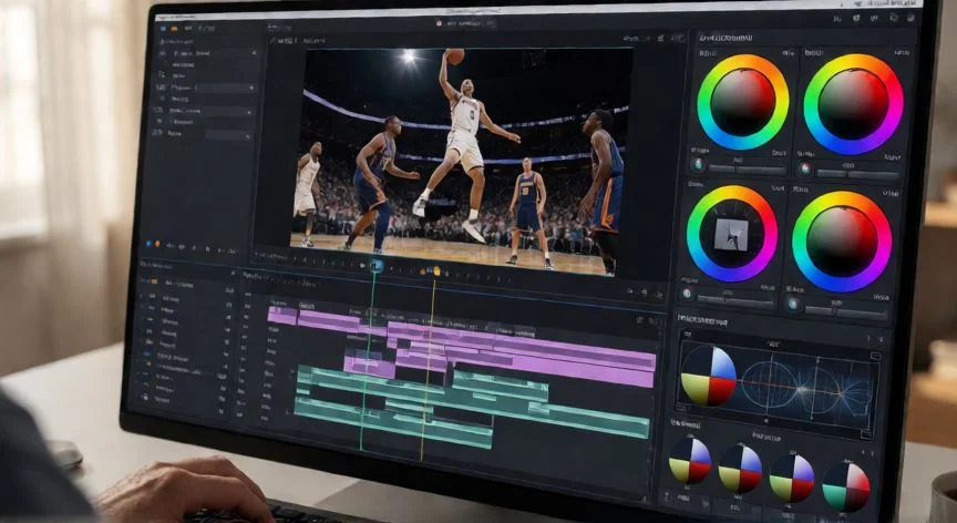 como mejorar calidad de video, Pantalla de edición de video con corrección de color y timeline de proyecto en 4K