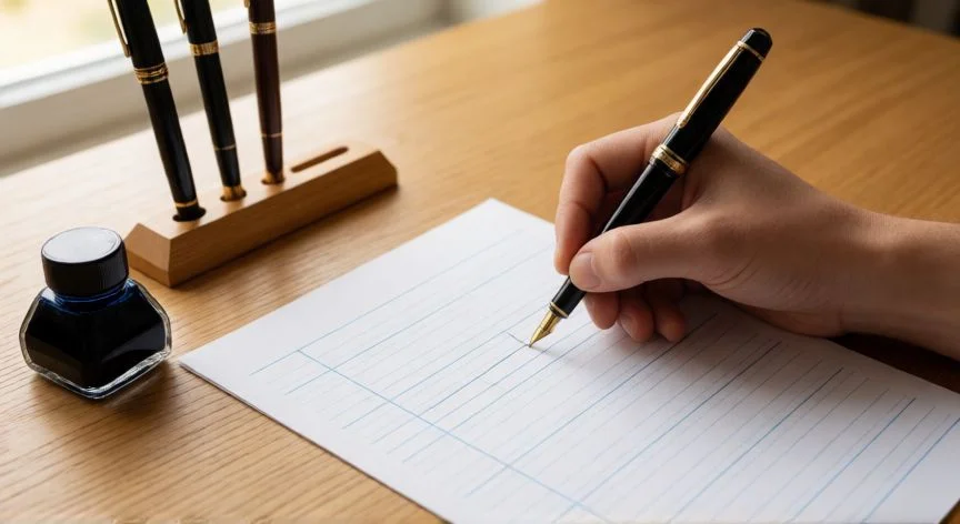 como mejorar caligrafia, Mano escribiendo con pluma estilográfica sobre papel pautado para caligrafía