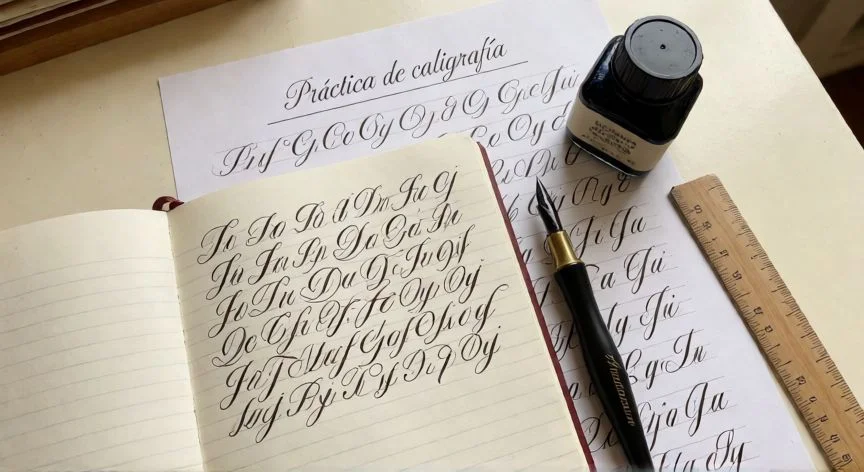 como mejorar caligrafia, Materiales de práctica de caligrafía con plumilla y papel de ejercicios