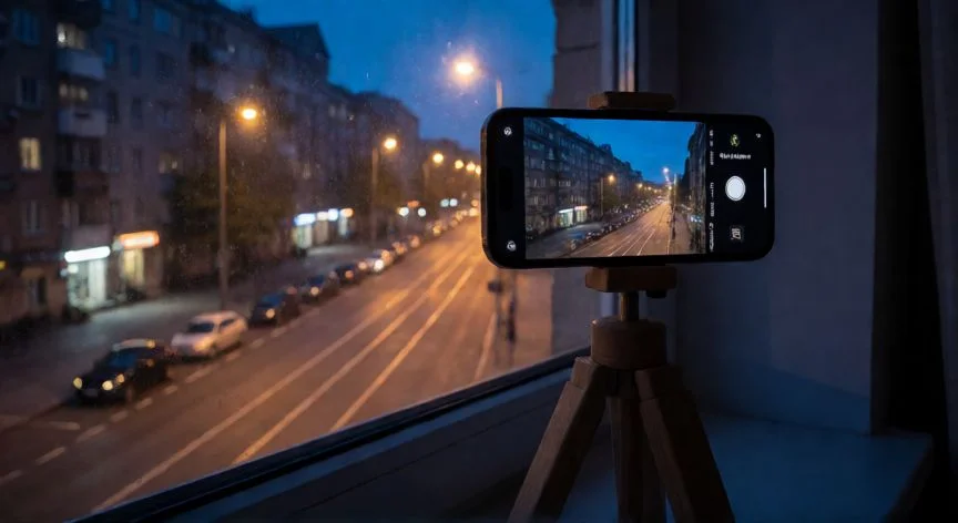 como mejorar camara xiaomi, Smartphone sobre trípode en Modo Noche capturando una calle urbana al anochecer