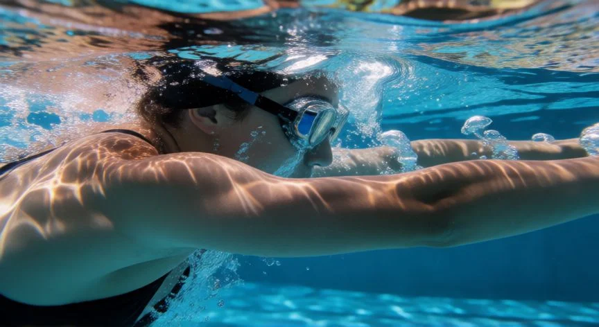 como mejorar capacidad pulmonar, Nadador bajo el agua mostrando el esfuerzo respiratorio durante la natación