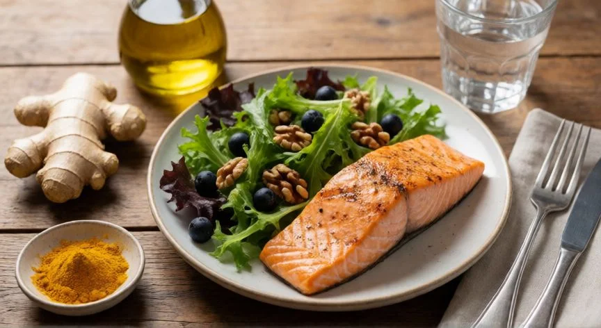 como mejorar circulacion, Comida saludable con salmón, frutos secos y especias para mejorar la circulación