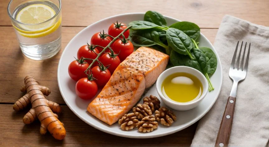 como mejorar circulacion piernas, Plato saludable con salmon, espinacas y frutos secos para fortalecer la circulación venosa de las piernas