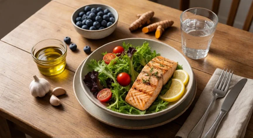 como mejorar circulacion sanguinea, Alimentación antiinflamatoria con omega-3, antioxidantes y aceite de oliva para mejorar la circulación